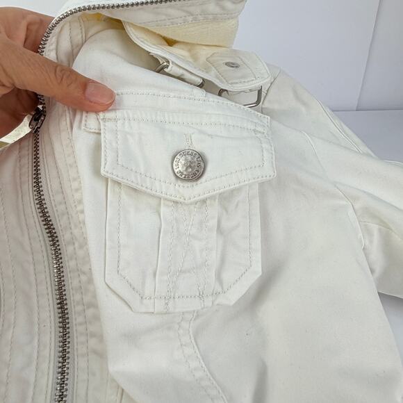 Y2K Guess White Fur Cropped Utility Moto High Neck Convertible Full Zip Jacket S - Picture 8 of 16